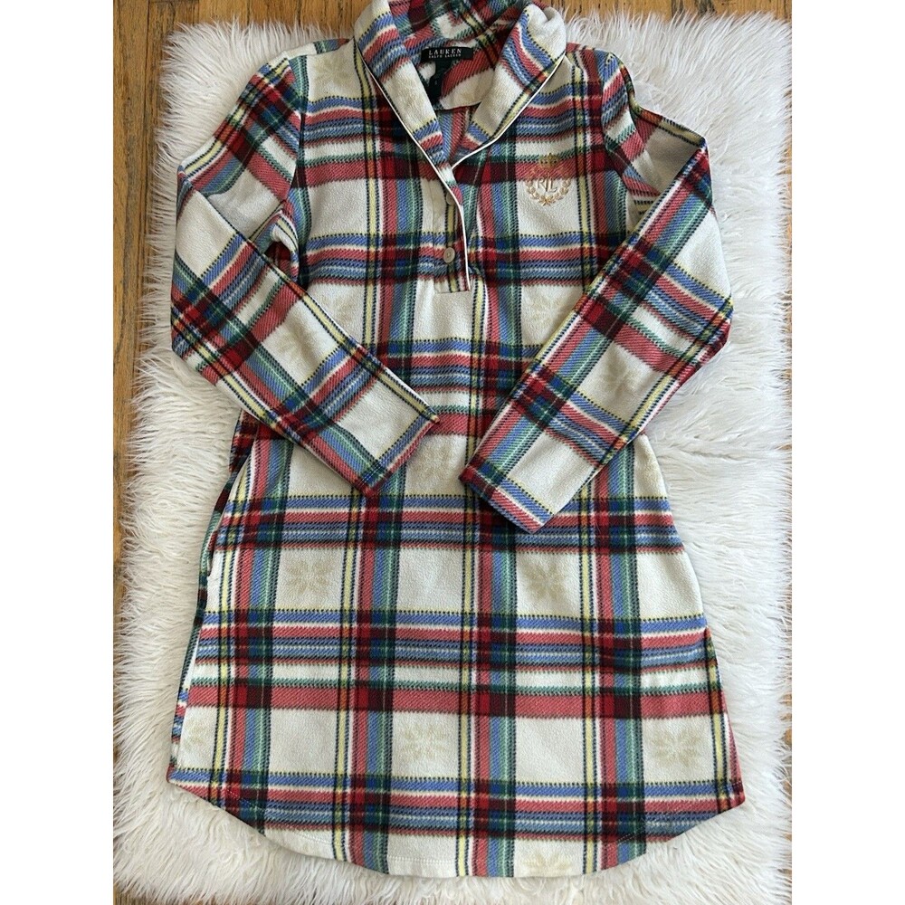 Vintage Ralph Lauren Plaid Fleece Women’s S Nightgown Snowflakes Pockets Rare